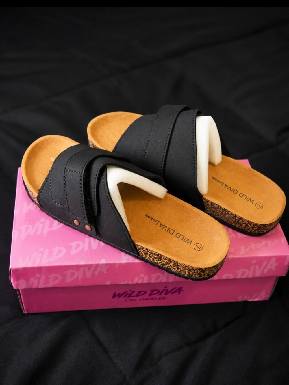 Wild Diva Black Cork Slide Sandals